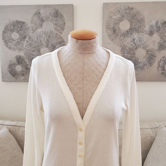 NEW! Rebecca Taylor Ribbed Pima Cotton V-Neck Cardigan - size Large in Ivory. - Picture 4 of 13